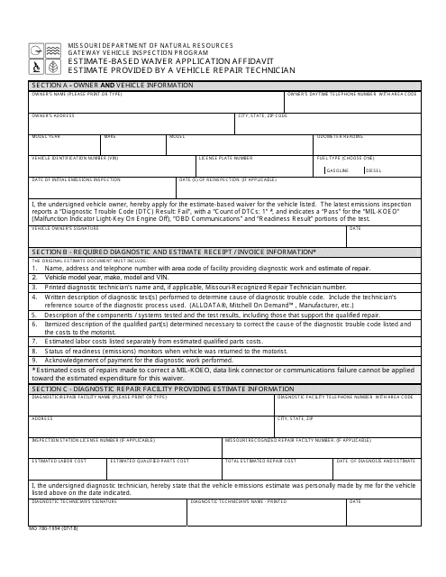 Form MO780-1994 Estimate-Based Waiver Application Affidavit - Estimate Provided by a Vehicle Repair Technician - Missouri