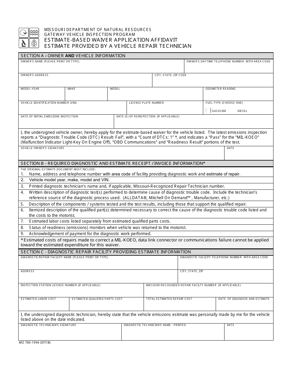 Form MO780-1994 Estimate-Based Waiver Application Affidavit - Estimate Provided by a Vehicle Repair Technician - Missouri, Page 1
