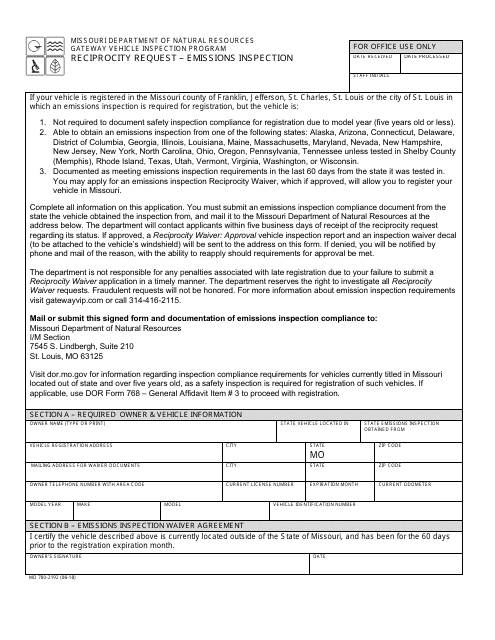 Form MO780-2192 Reciprocity Request - Emissions Inspection - Missouri