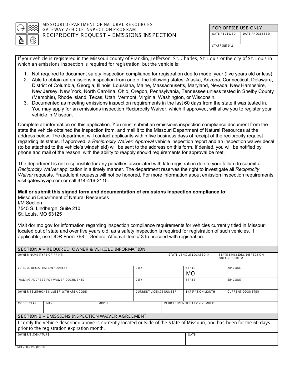 Form MO780-2192 Reciprocity Request - Emissions Inspection - Missouri, Page 1