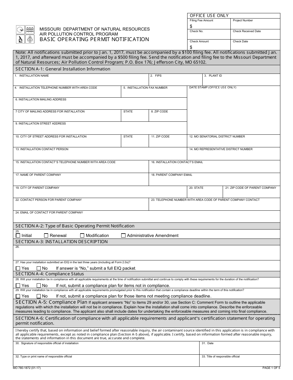 Form MO780-1872 Basic Operating Permit Notification - Missouri, Page 1