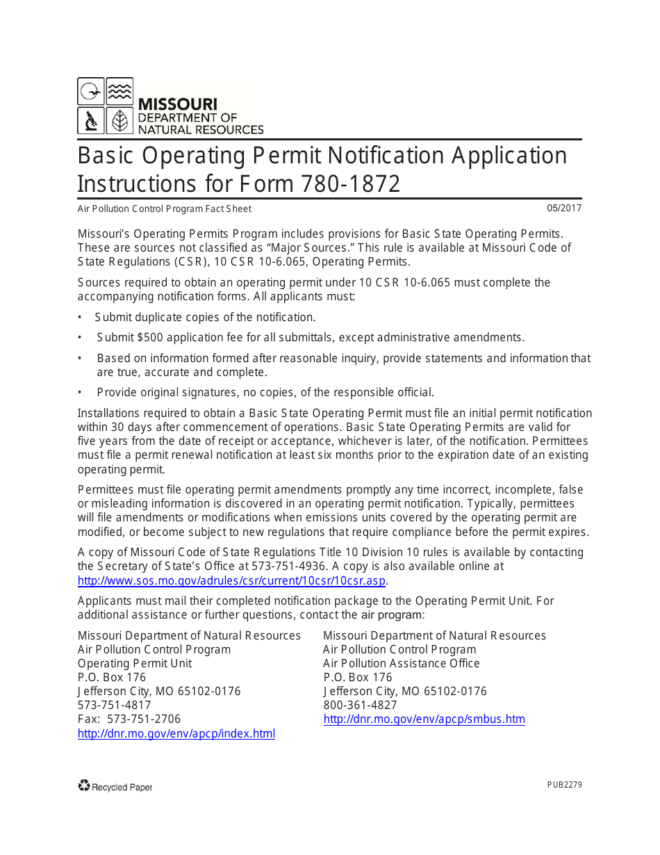 Instructions for Form MO780-1872 Basic Operating Permit Notification Application - Missouri, Page 1