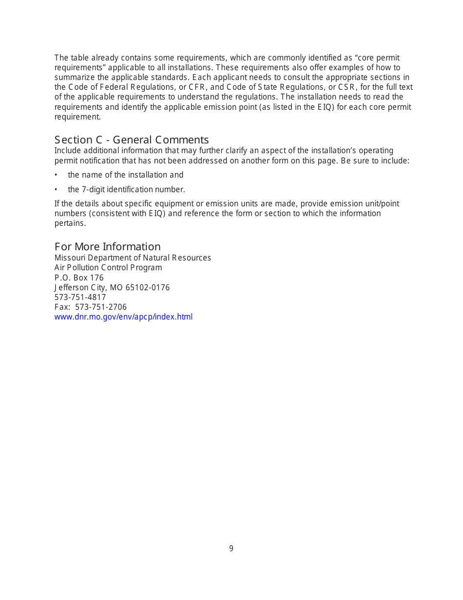 Instructions for Form MO780-1872 Basic Operating Permit Notification Application - Missouri, Page 9