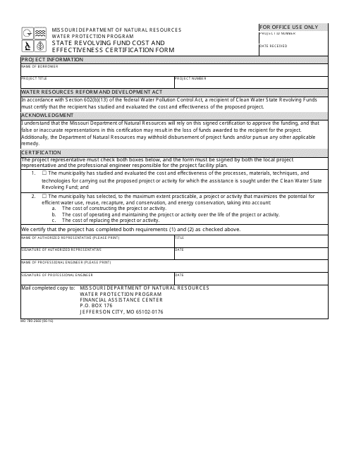 Form MO780-2660 State Revolving Fund Cost and Effectiveness Certification Form - Missouri