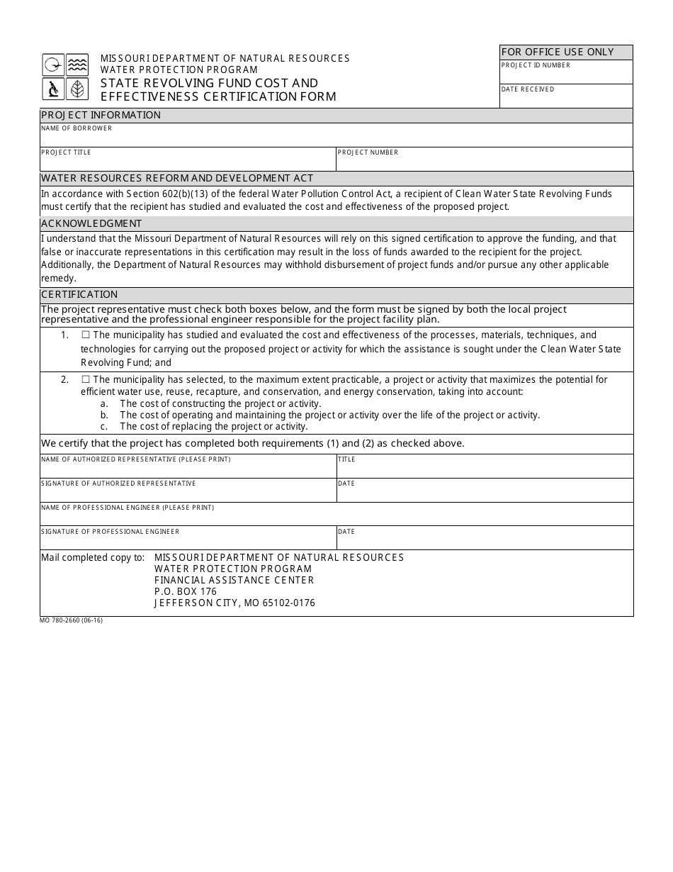Form MO780-2660 State Revolving Fund Cost and Effectiveness Certification Form - Missouri, Page 1