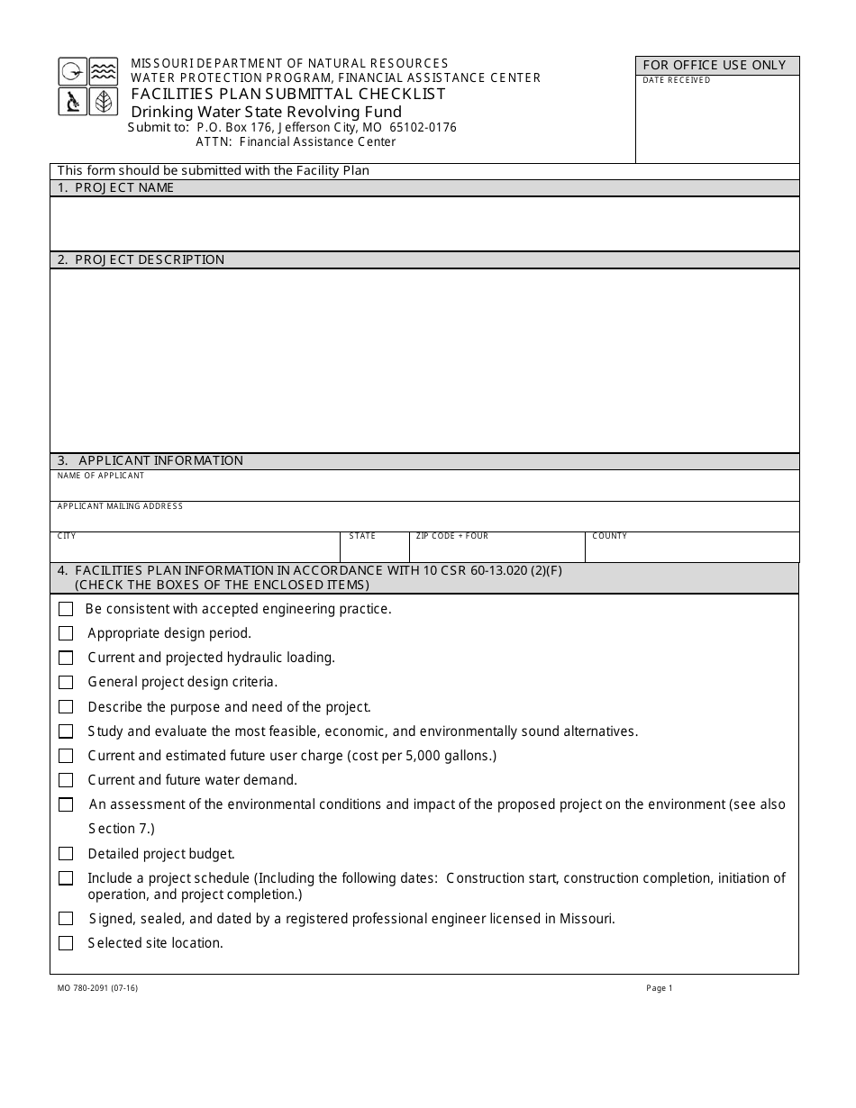 Form MO780-2091 Facilities Plan Submittal Checklist - Drinking Water State Revolving Fund - Missouri, Page 1