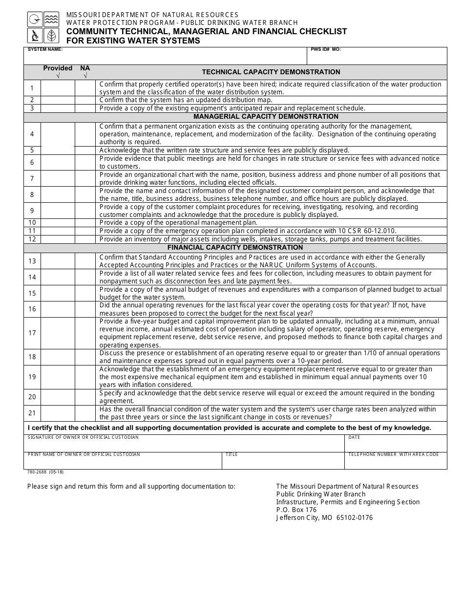 Form 780-2688 Community Technical, Managerial and Financial Checklist for Existing Water Systems - Missouri, Page 1
