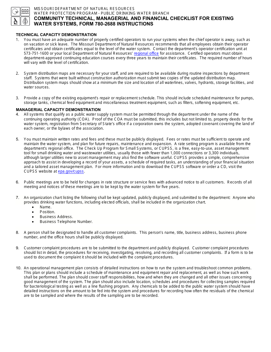 Form 780-2688 Community Technical, Managerial and Financial Checklist for Existing Water Systems - Missouri, Page 2