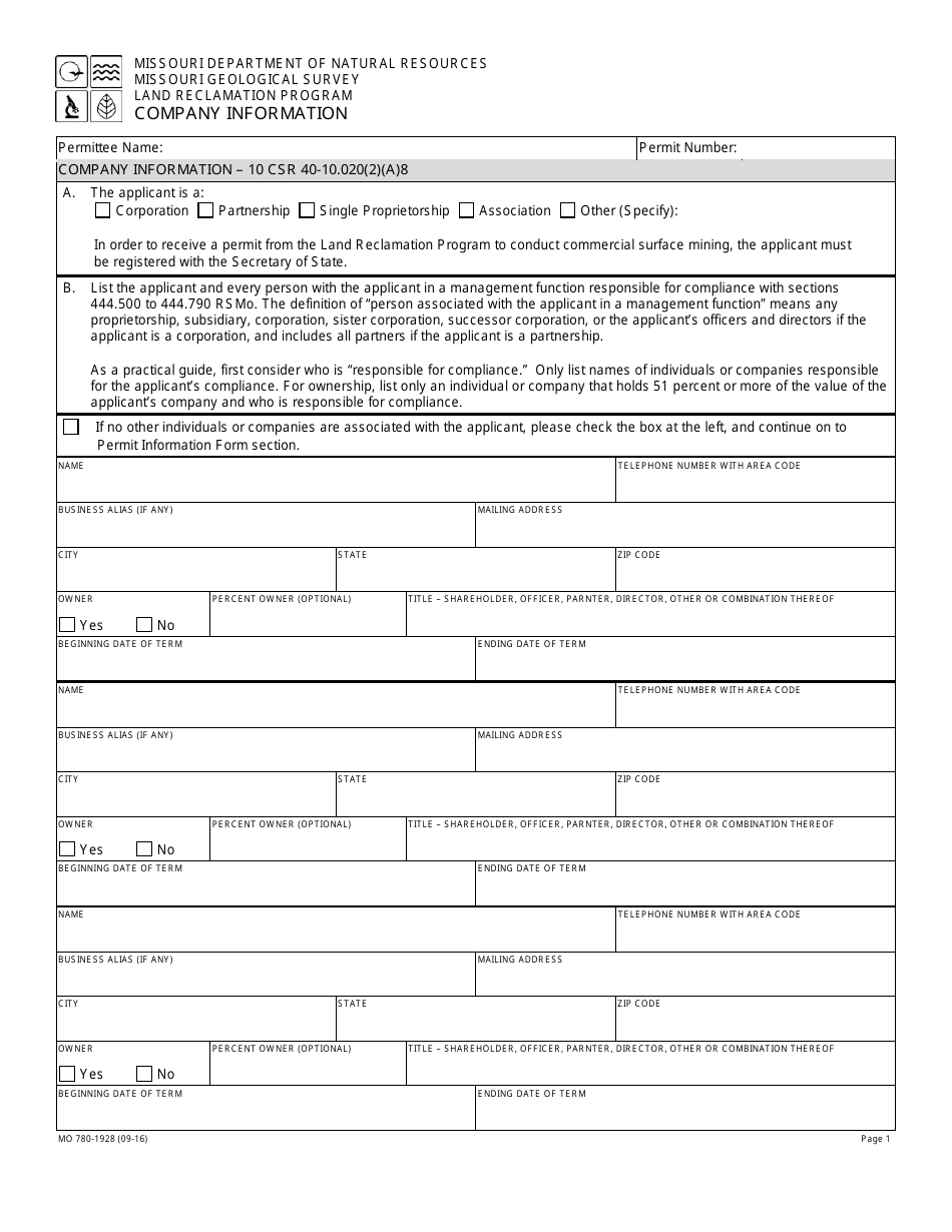 Form MO780-1928 Company Information - Missouri, Page 1