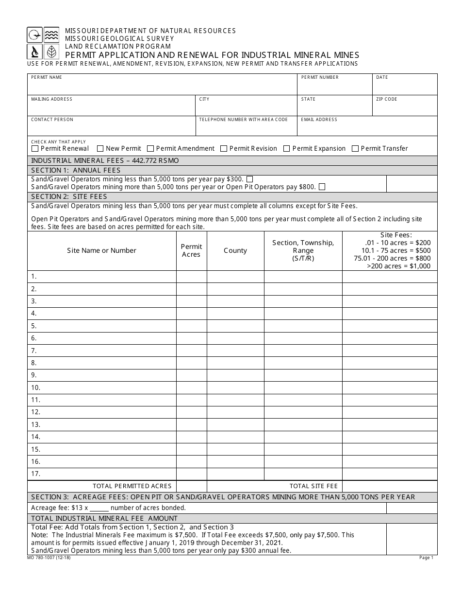 Form MO780-1007 Permit Application and Renewal for Industrial Mineral Mines - Missouri, Page 1