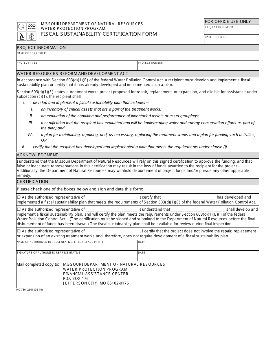 Form MO780-2661 Fiscal Sustainability Certification Form - Water Protection Program - Missouri, Page 1