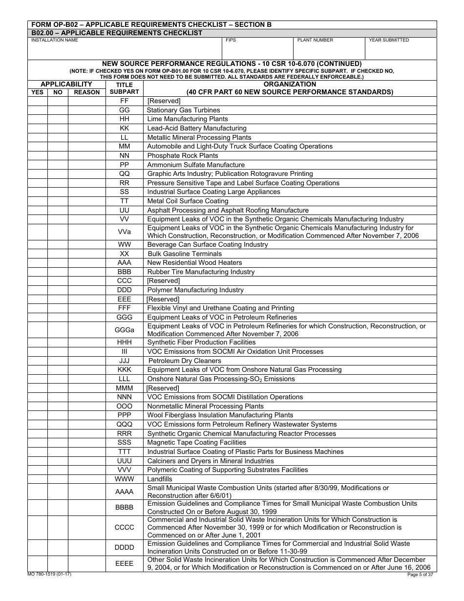 Form MO780-1519 Application for Authority to Operate - Air Pollution Control Program - Missouri, Page 5