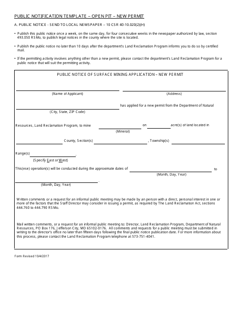 Public Notice to Local Newspaper and Certified Mail to Adjacent Landowners and Government Bodies Template - New Permit - Missouri Download Pdf