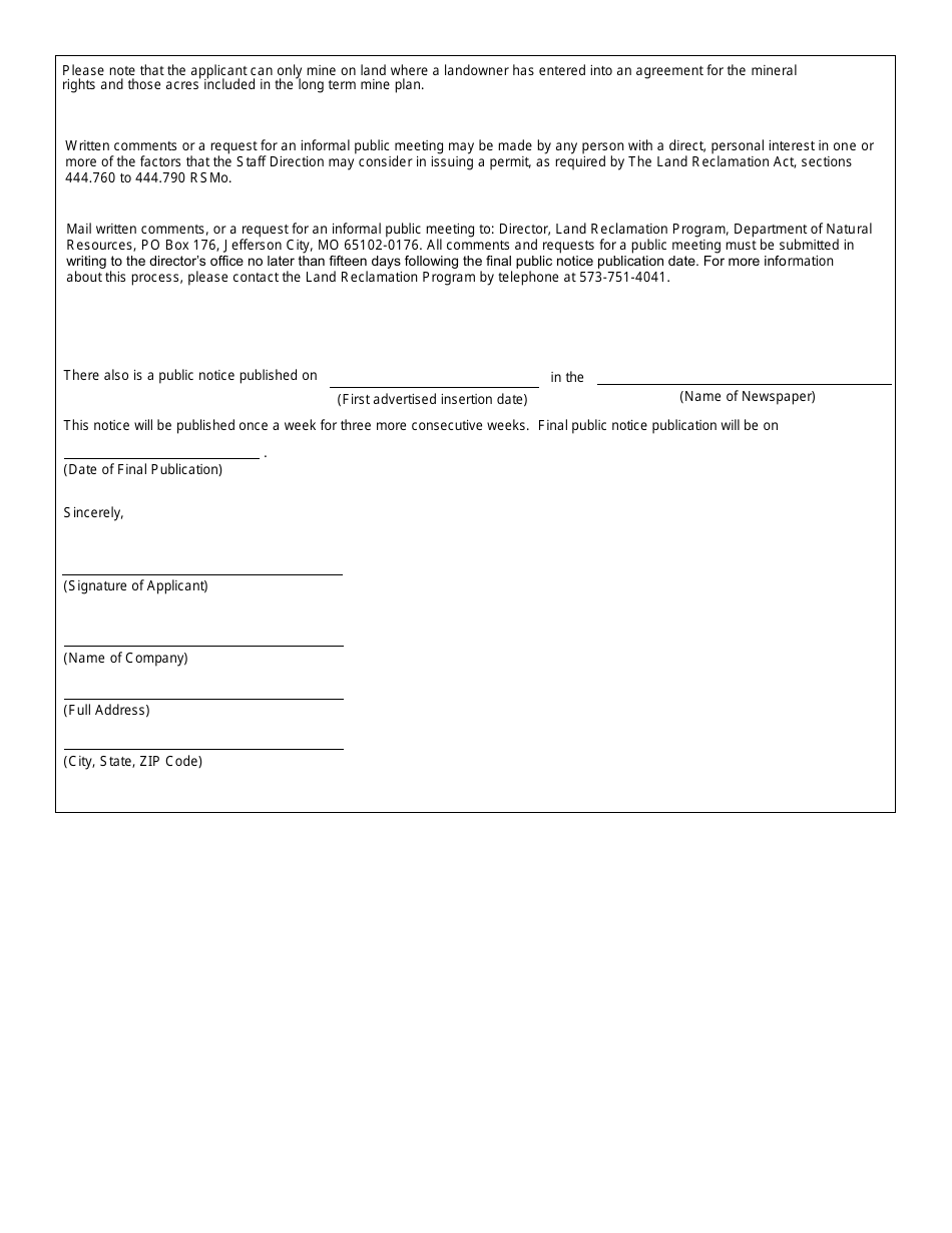 Public Notice to Local Newspaper and Certified Mail to Adjacent Landowners and Government Bodies Template - Permit Revision - Missouri, Page 3