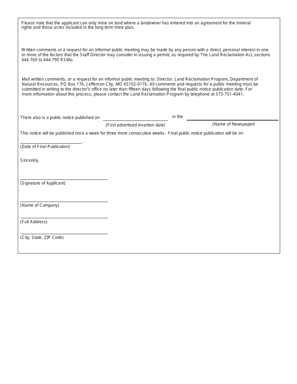 Public Notice to Local Newspaper and Certified Mail to Adjacent Landowners and Government Bodies Template - Permit Renewal - Missouri, Page 3