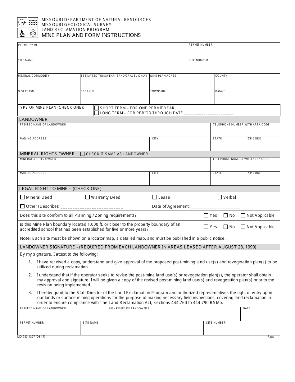 Form MO780-1327 Mine Plan - Land Reclamation Program - Missouri, Page 1