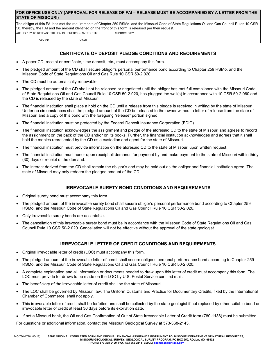 Form MO780-1778 Oil and Gas Well Financial Assurance Instrument Certification - Geological Survey Program - Missouri, Page 2