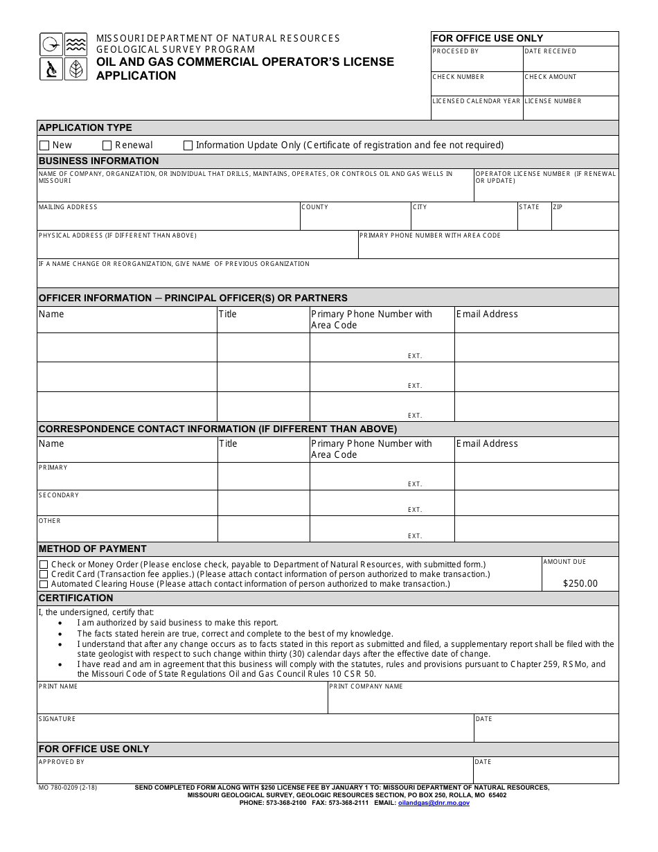 Form MO780-0209 Oil and Gas Commercial Operator's License Application - Geological Survey Program - Missouri, Page 1