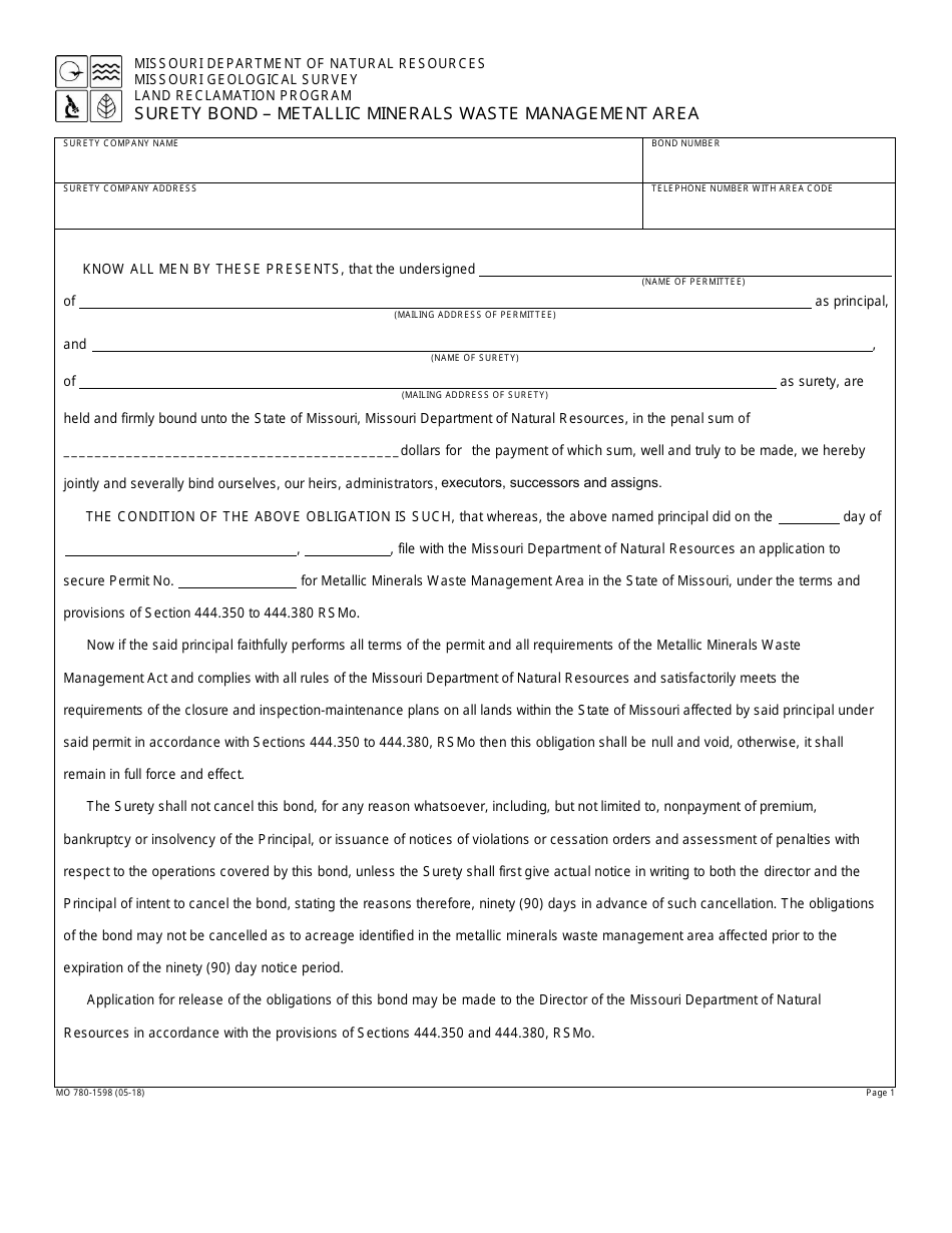 Form MO780-1598 Surety Bond - Metallic Minerals Waste Management Area - Land Reclamation Program - Missouri, Page 1