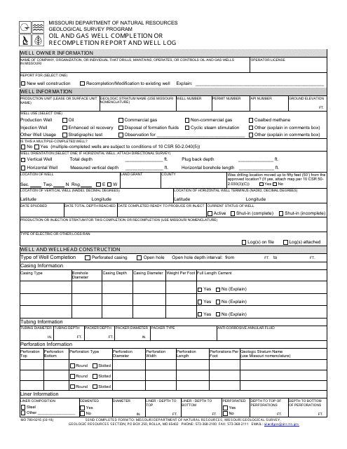 Form MO780-0215 Oil and Gas Well Completion or Recompletion Report and Well Log - Geological Survey Program - Missouri