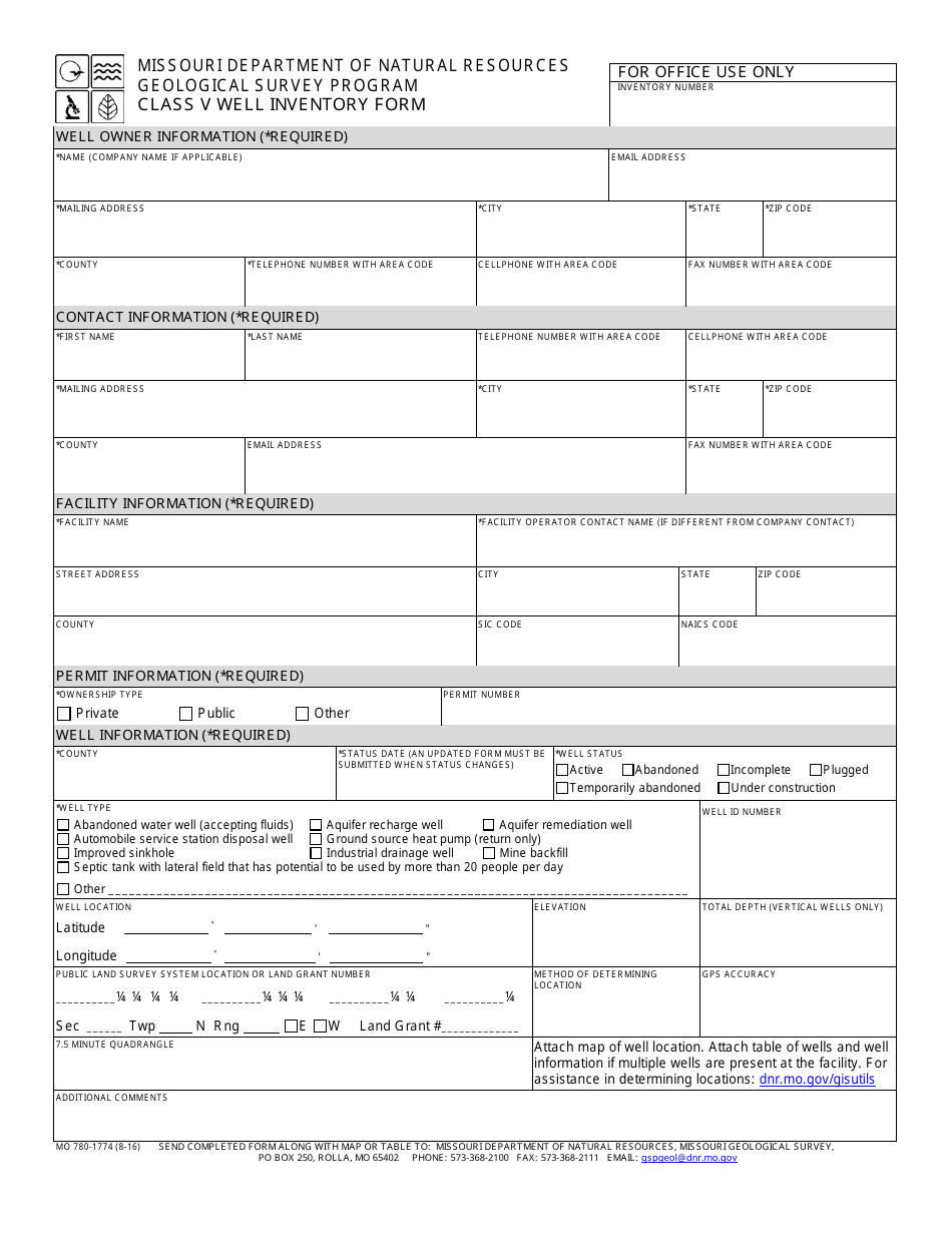 Form MO780-1774 Class V Well Inventory Form - Geological Survey Program - Missouri, Page 1