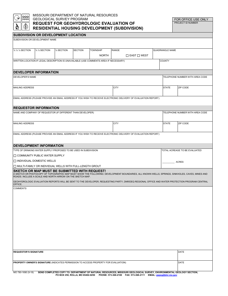 Form MO780-1690 Request for Geohydrologic Evaluation of Residential Housing Development (Subdivision) - Geological Survey Program - Missouri, Page 1