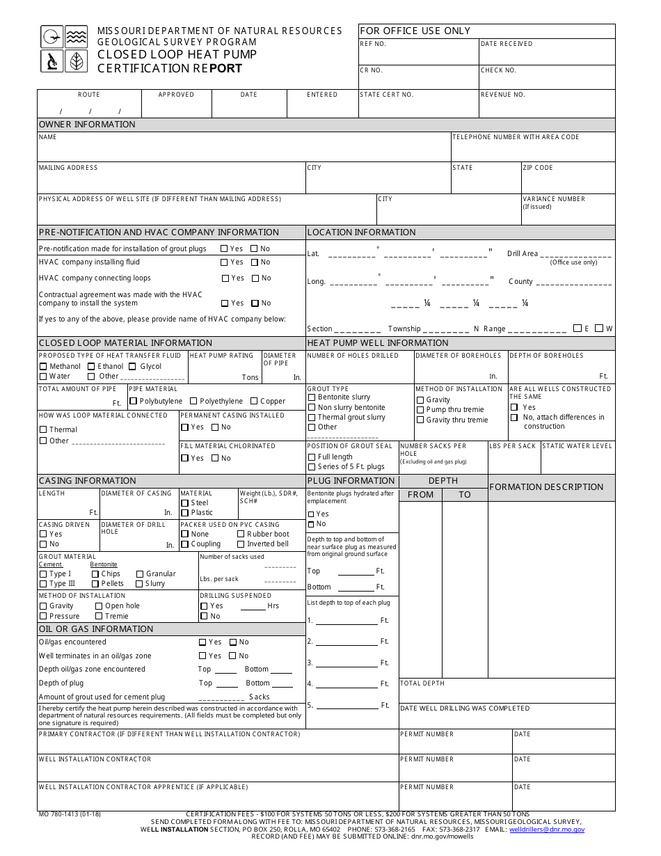 Form MO780-1413 Closed Loop Heat Pump Certification Report - Geological Survey Program - Missouri, Page 1