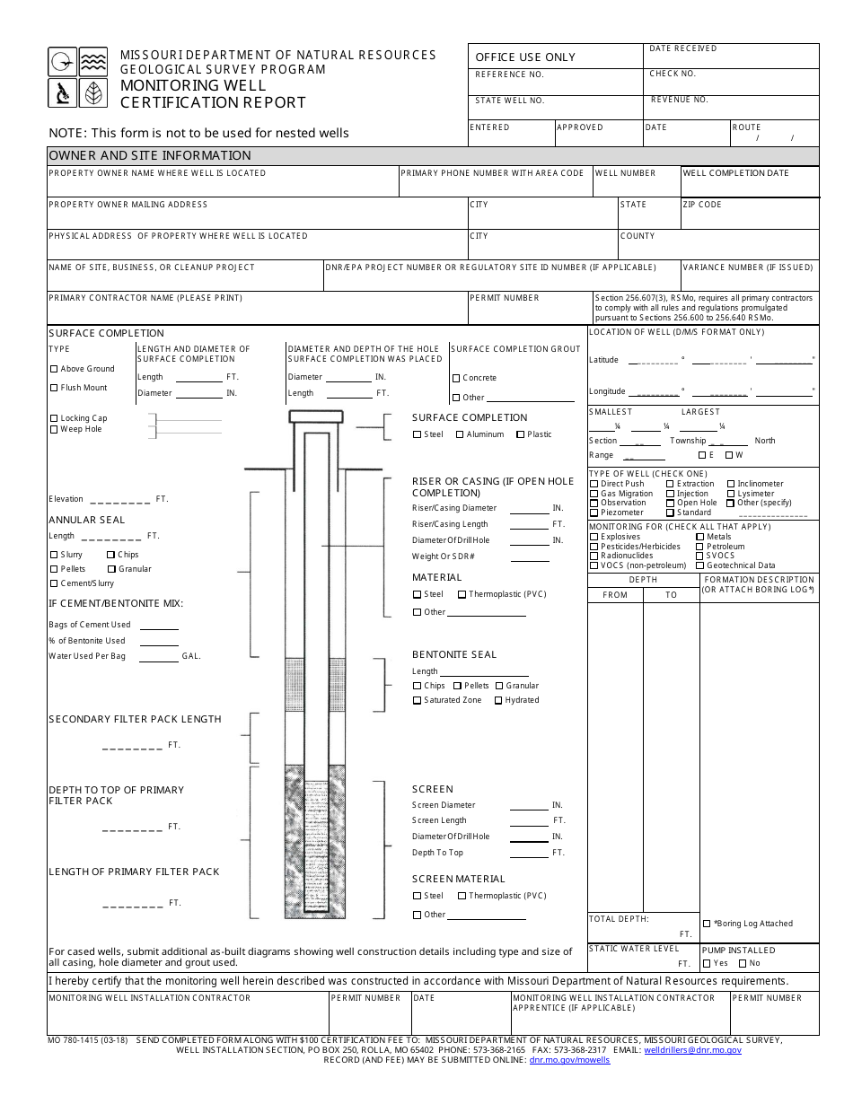 Form MO780-1415 Monitoring Well Certification Report - Geological Survey Program - Missouri, Page 1