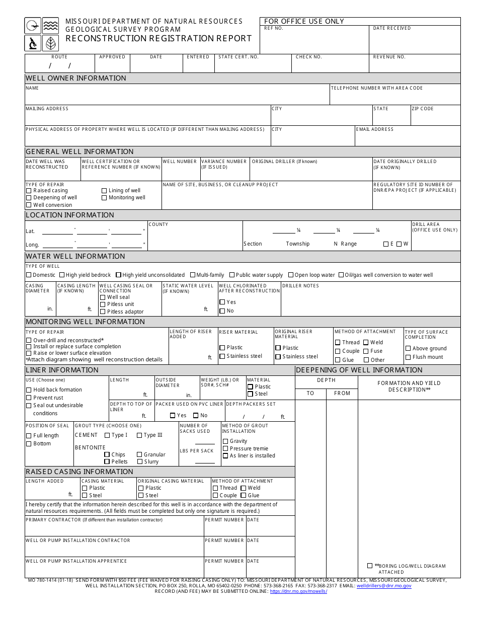 Form MO780-1414 Reconstruction Registration Report - Geological Survey Program - Missouri, Page 1