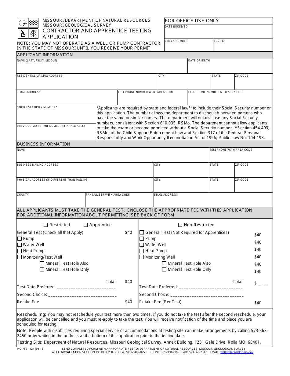 Form MO780-1424 Contractor and Apprentice Testing Application - Missouri, Page 1