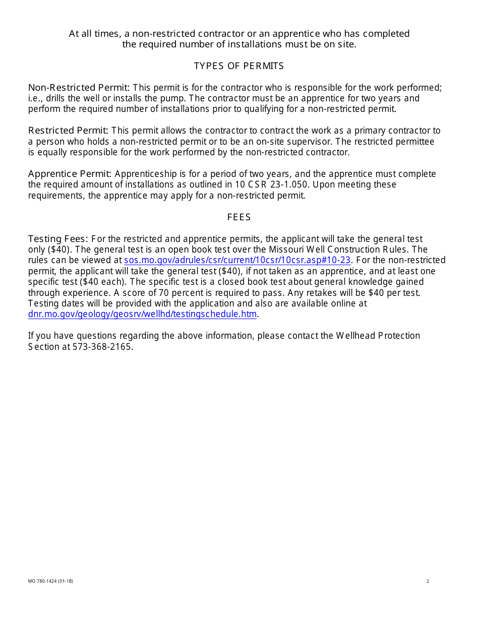 Form MO780-1424 Contractor and Apprentice Testing Application - Missouri, Page 2