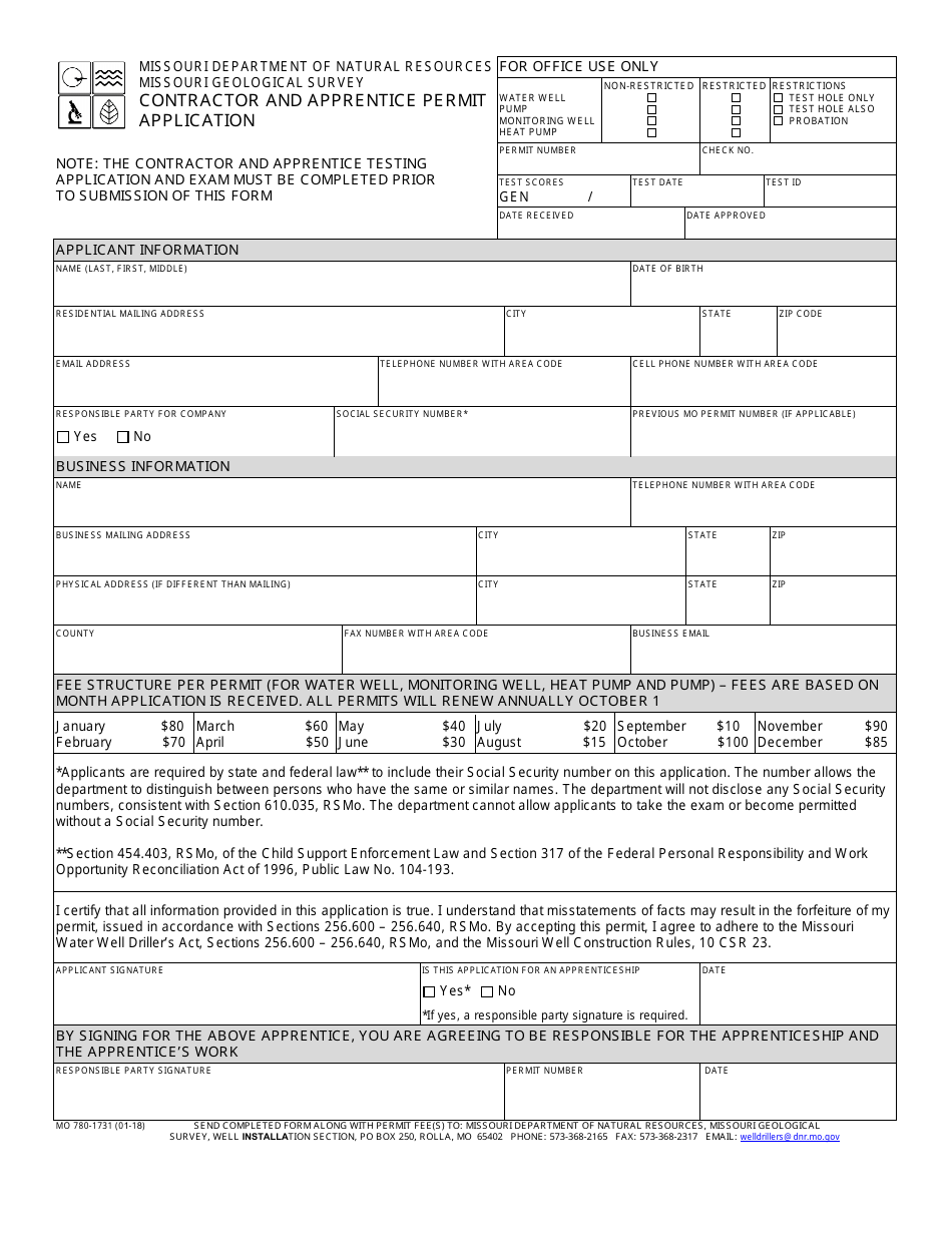 Form MO780-1731 Contractor and Apprentice Permit Application - Missouri, Page 1