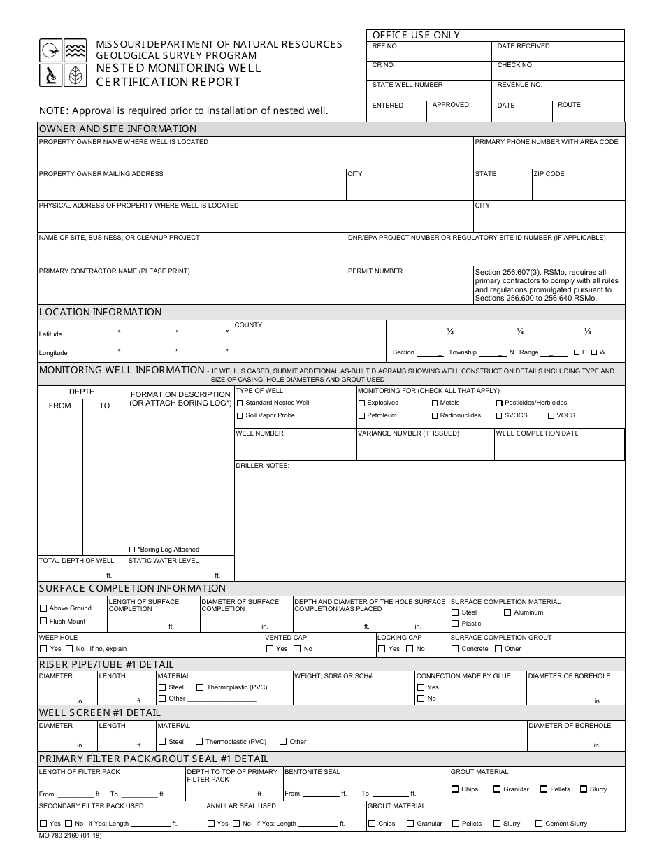 Form MO780-2169 Nested Monitoring Well Certification Report - Geological Survey Program - Missouri, Page 1