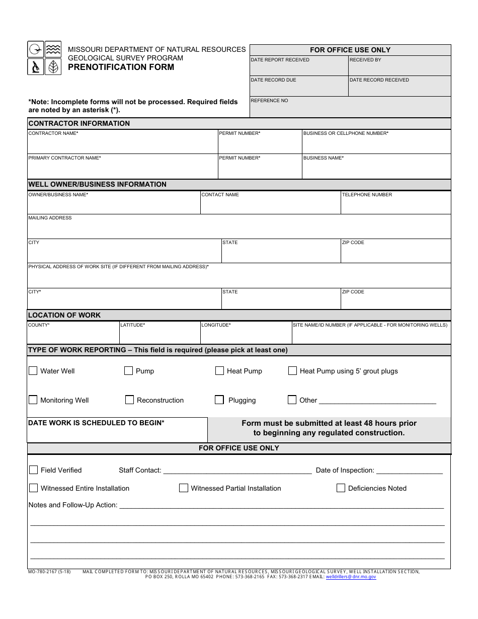 Form MO-780-2167 Prenotification Form - Geological Survey Program - Missouri, Page 1