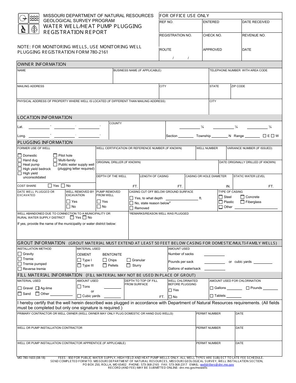 Form MO780-1603 Water Well / Heat Pump Plugging Registration Report - Geological Survey Program - Missouri, Page 1