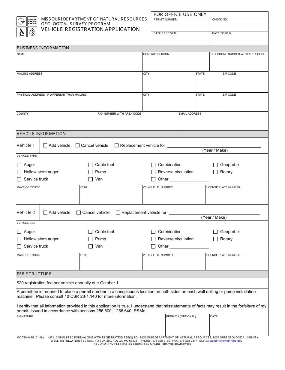 Form MO780-1425 Vehicle Registration Application - Geological Survey Program - Missouri, Page 1
