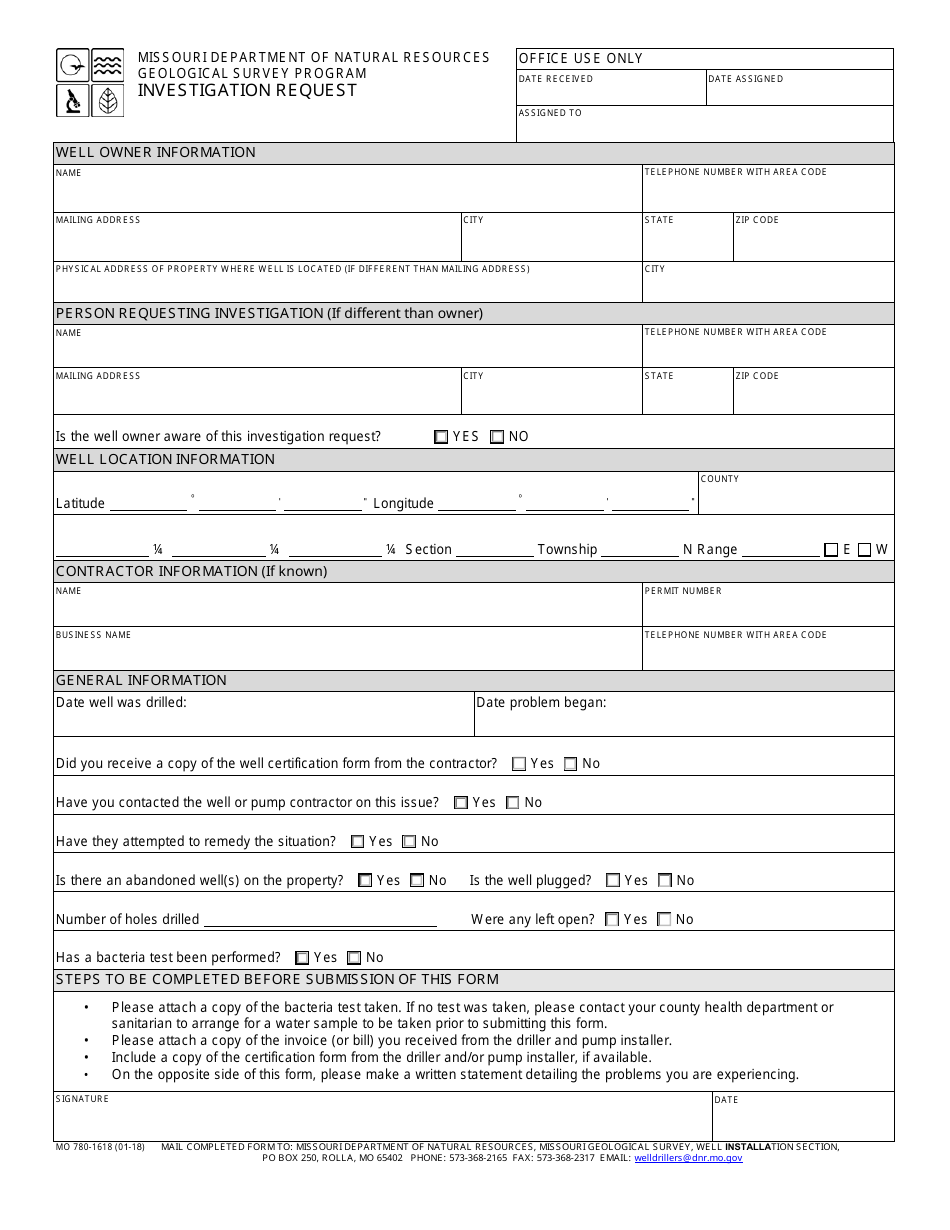 Form MO780-1618 Investigation Request - Geological Survey Program - Missouri, Page 1