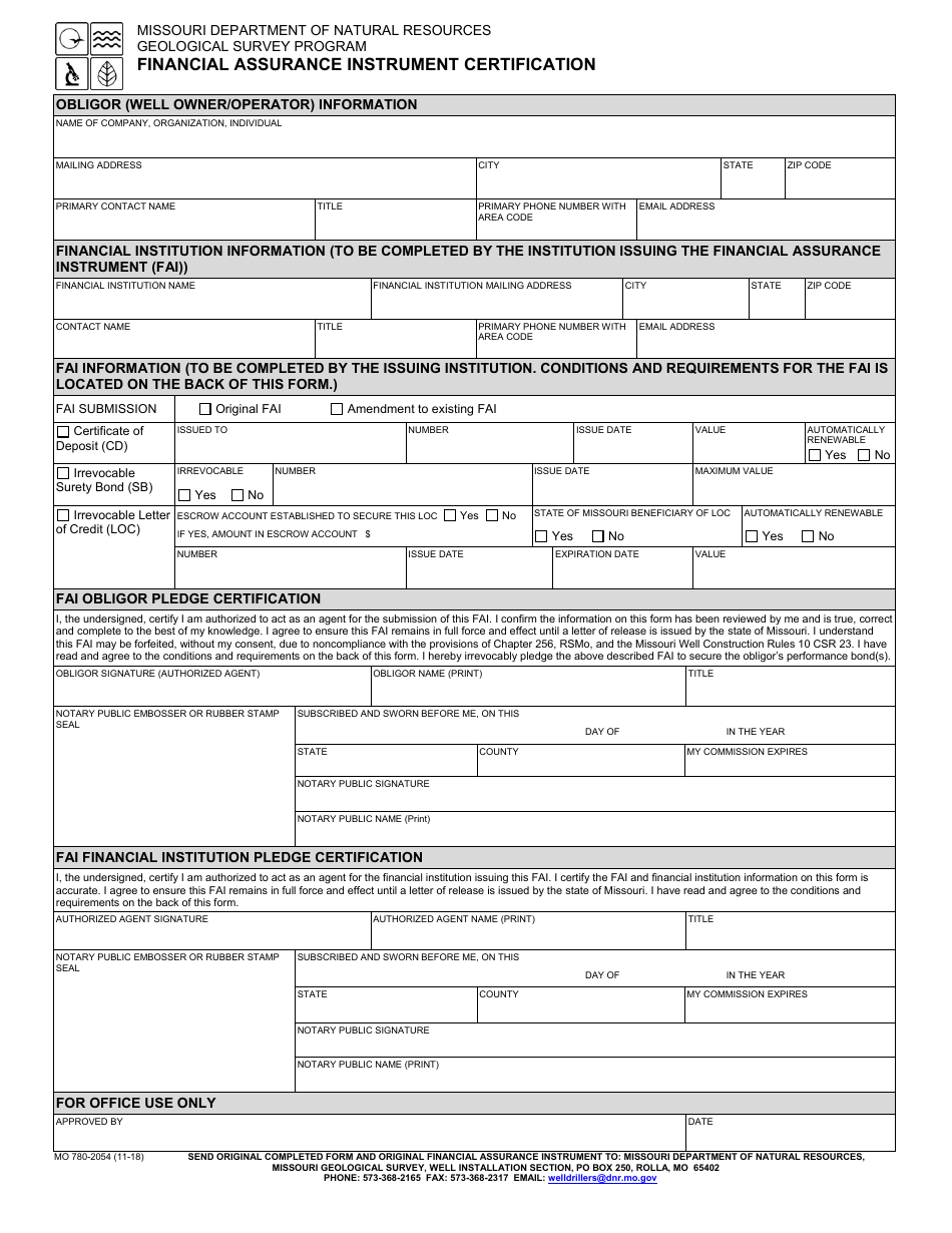 Form MO780-2054 Financial Assurance Instrument Certification - Geological Survey Program - Missouri, Page 1