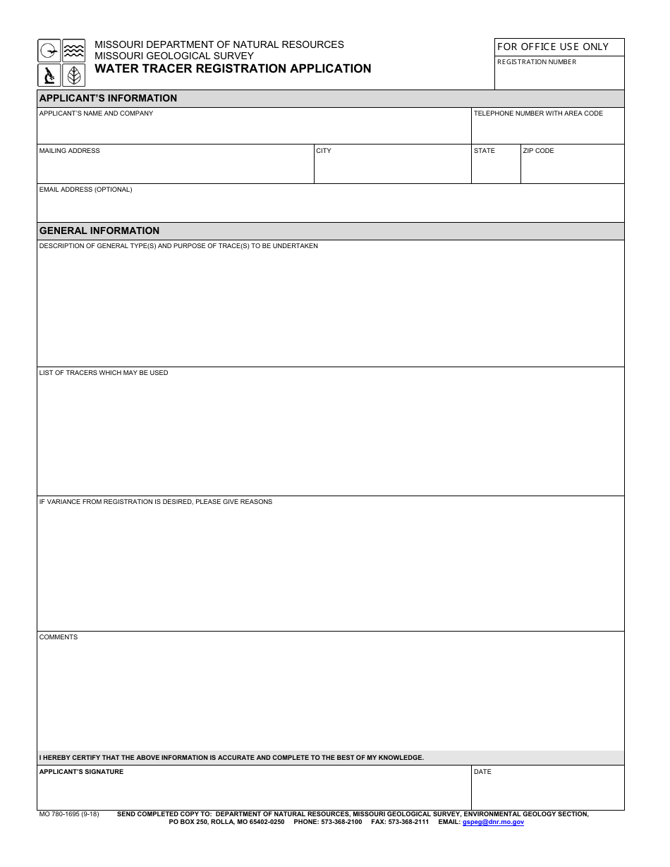 Form MO780-1695 Water Tracer Registration Application - Missouri, Page 1