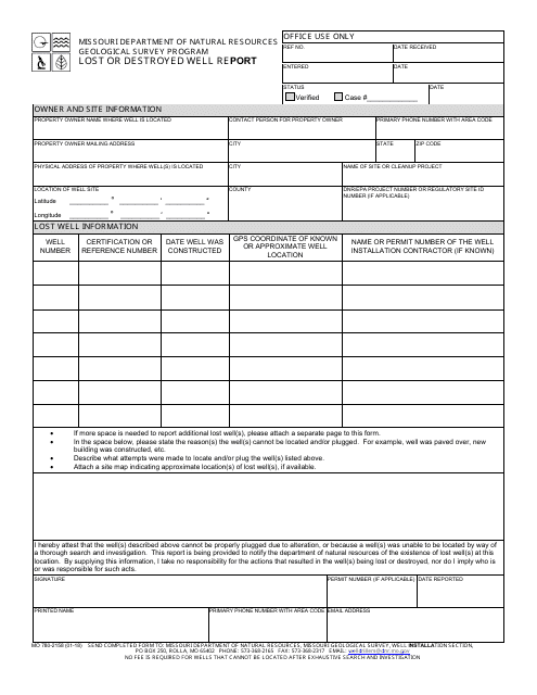 Form MO780-2158 Lost or Destroyed Well Report - Geological Survey Program - Missouri