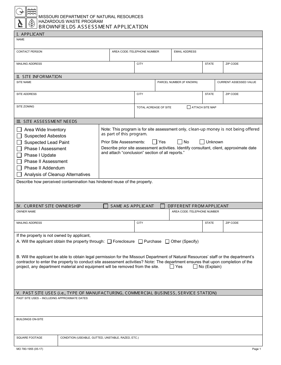 Form MO780-1955 Brownfields Assessment Application - Hazardous Waste Program - Missouri, Page 1