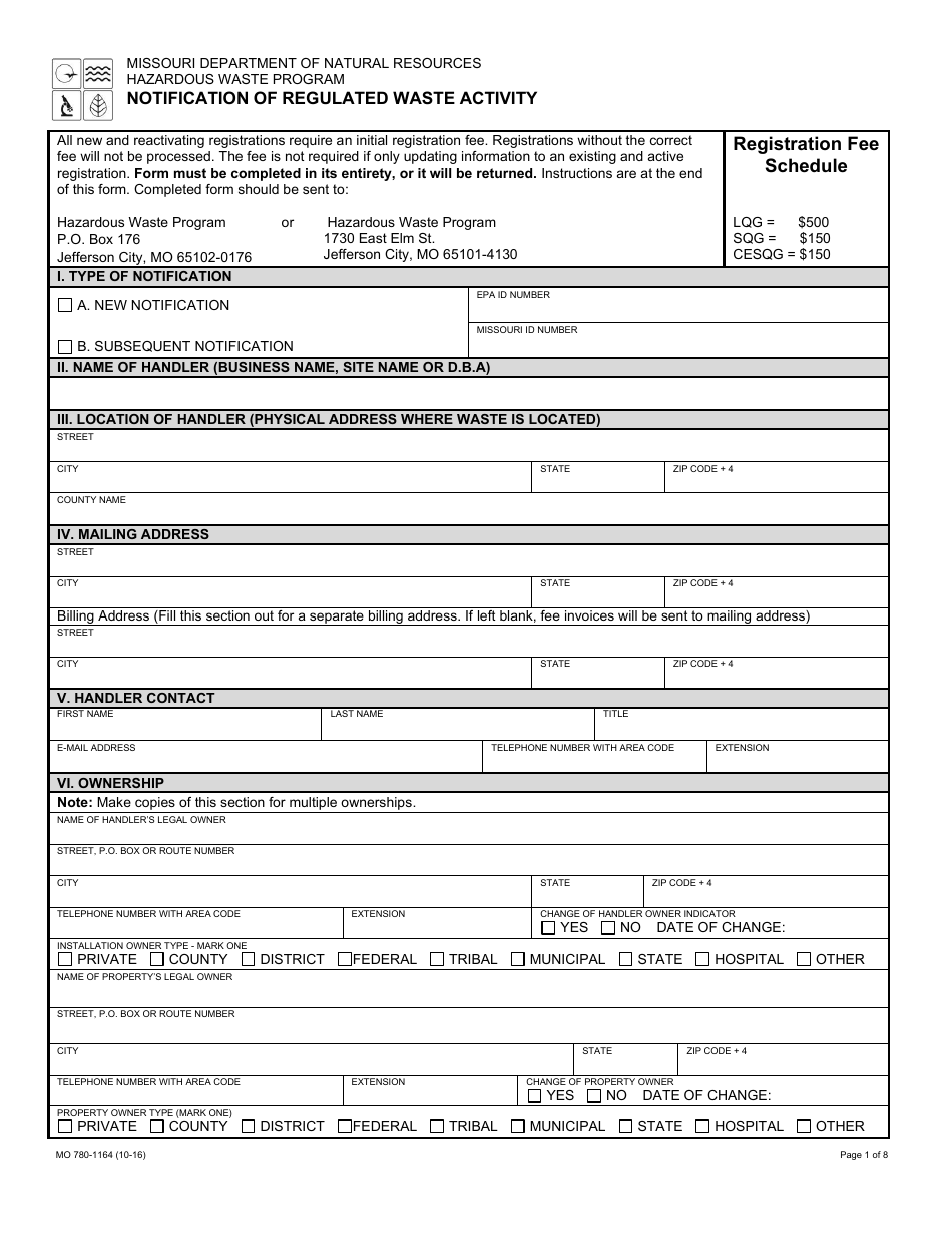Form MO780-1164 Notification of Regulated Waste Activity - Hazardous Waste Program - Missouri, Page 1