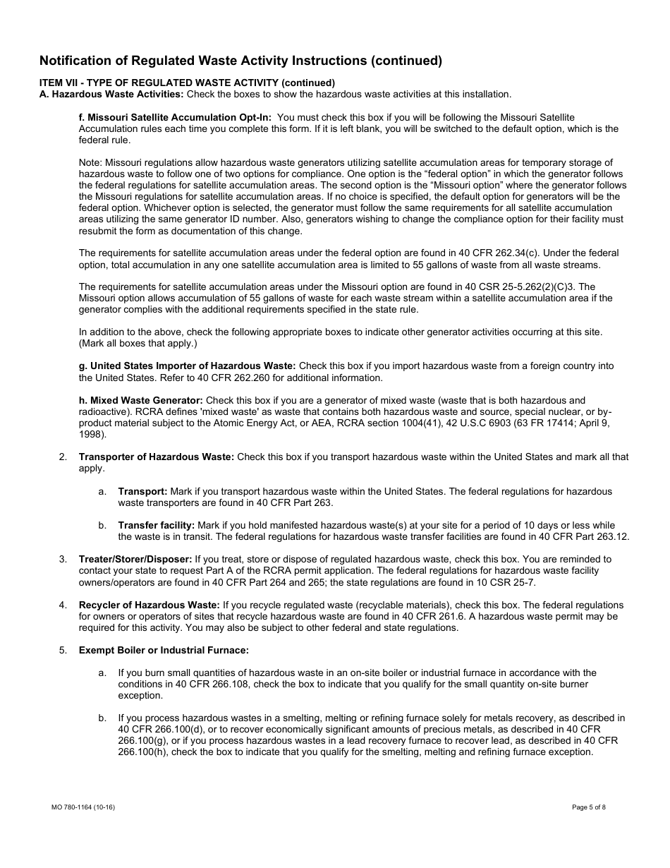 Form MO780-1164 Notification of Regulated Waste Activity - Hazardous Waste Program - Missouri, Page 5