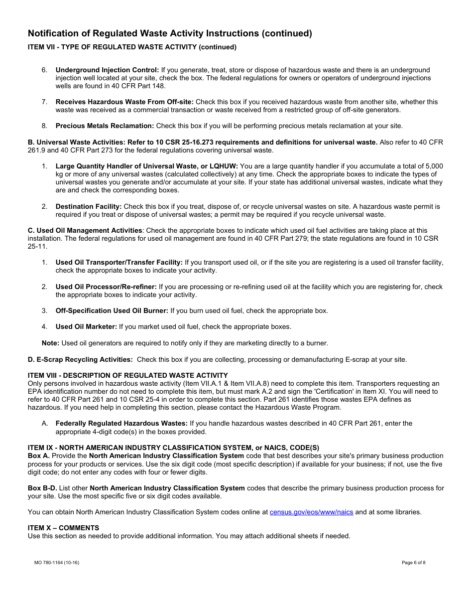 Form MO780-1164 Notification of Regulated Waste Activity - Hazardous Waste Program - Missouri, Page 6