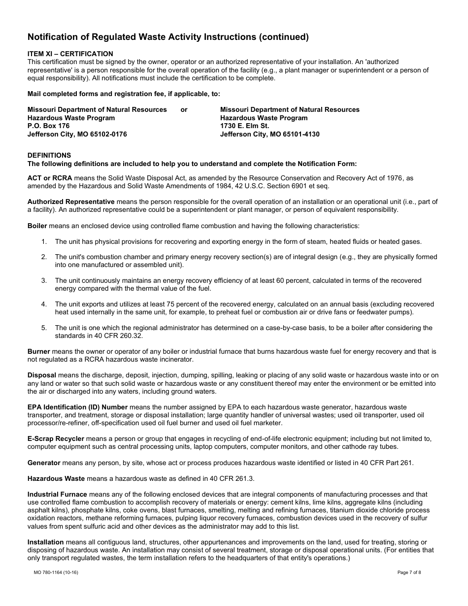 Form MO780-1164 Notification of Regulated Waste Activity - Hazardous Waste Program - Missouri, Page 7