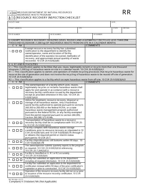 Form MO780-2666 Resource Recovery Inspection Checklist - Hazardous Waste Program - Missouri