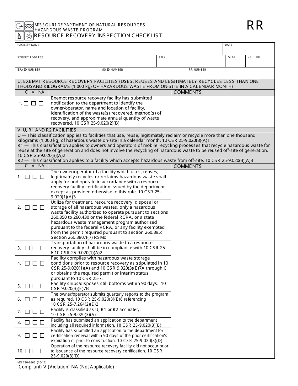 Form MO780-2666 Resource Recovery Inspection Checklist - Hazardous Waste Program - Missouri, Page 1