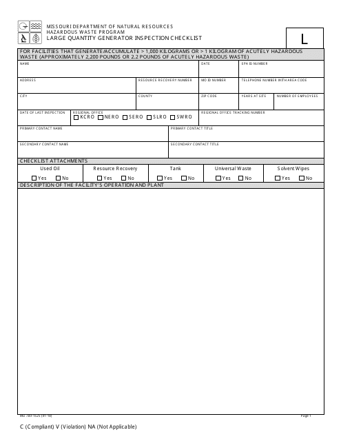 Form MO780-1525 Large Quantity Generator Inspection Checklist - Hazardous Waste Program - Missouri