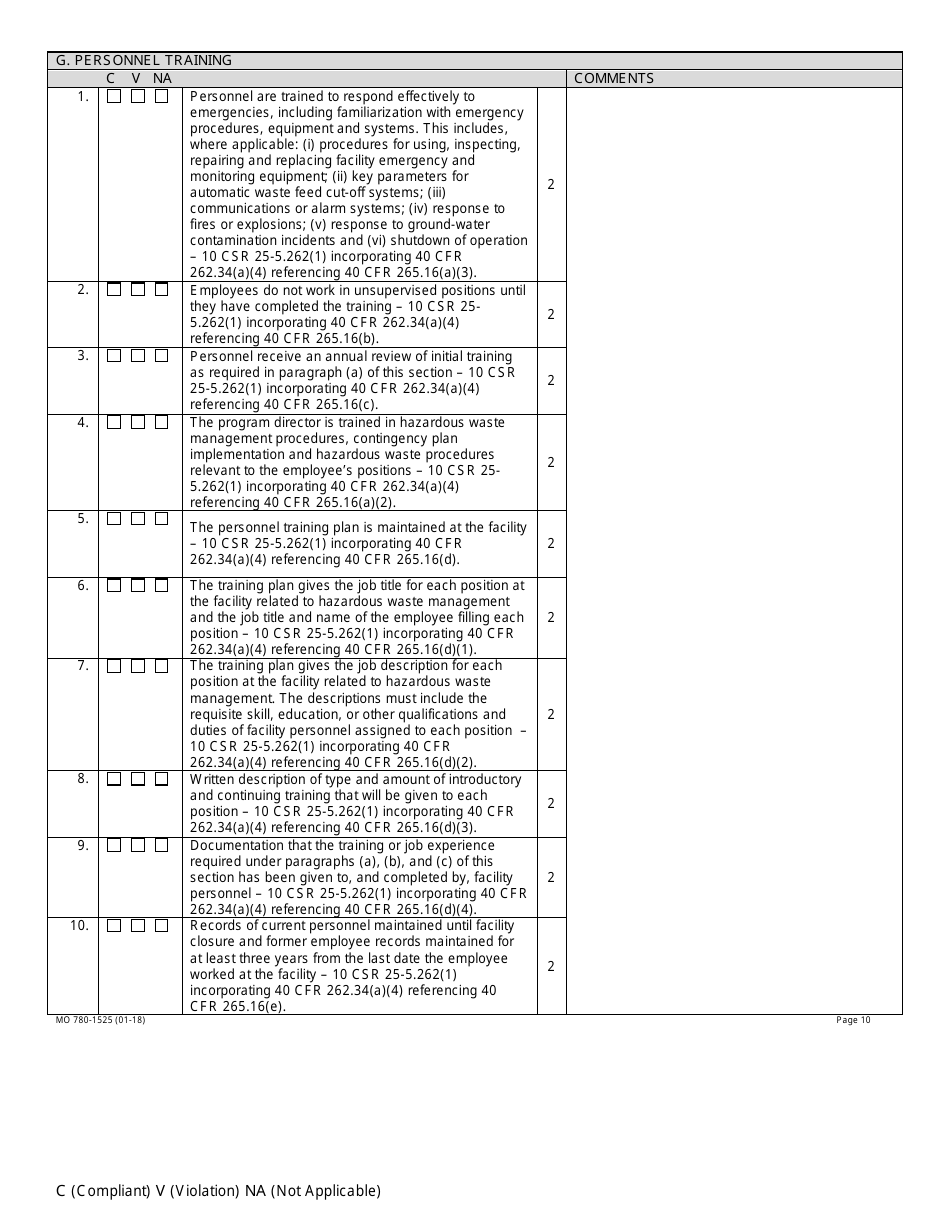 Form MO780-1525 Large Quantity Generator Inspection Checklist - Hazardous Waste Program - Missouri, Page 10