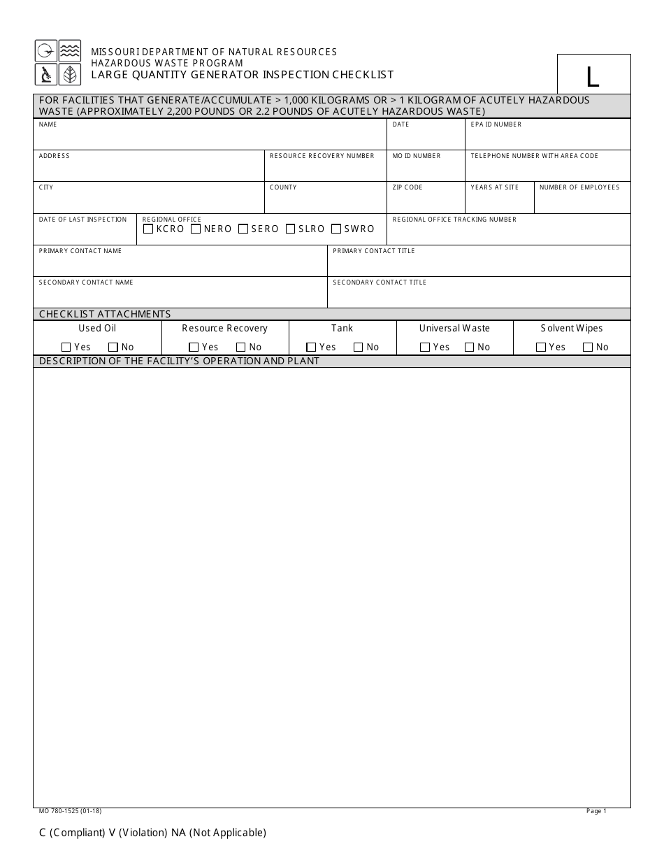 Form MO780-1525 Large Quantity Generator Inspection Checklist - Hazardous Waste Program - Missouri, Page 1
